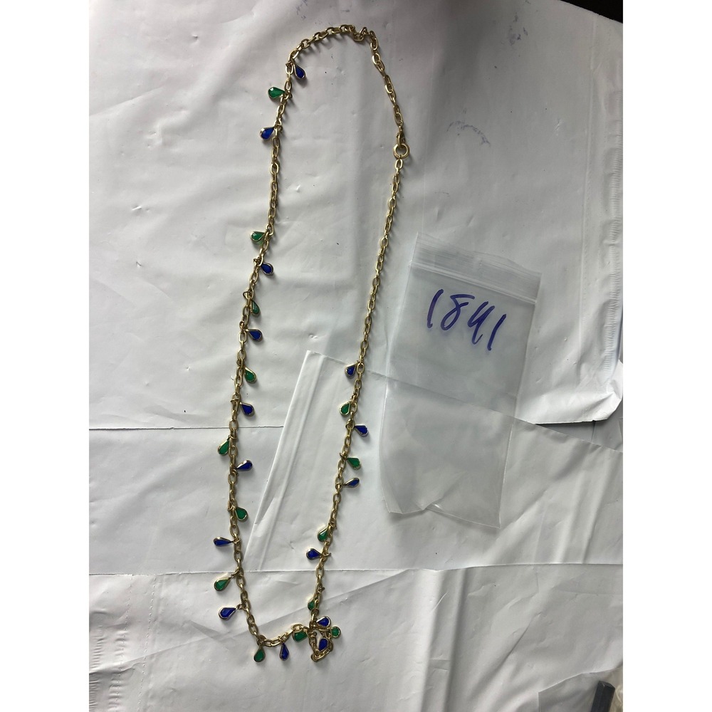 Gold Tone Dainty Beaded Necklace‎ Green Blue Teardrop Charms